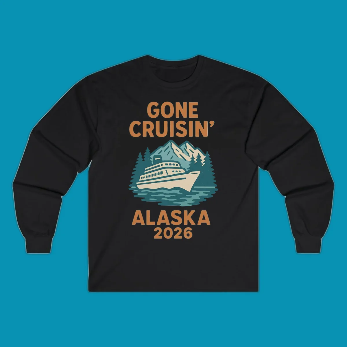 Illustration of a cruise ship against a backdrop of mountains and trees with the text gone-cruisin-mountain-ship.