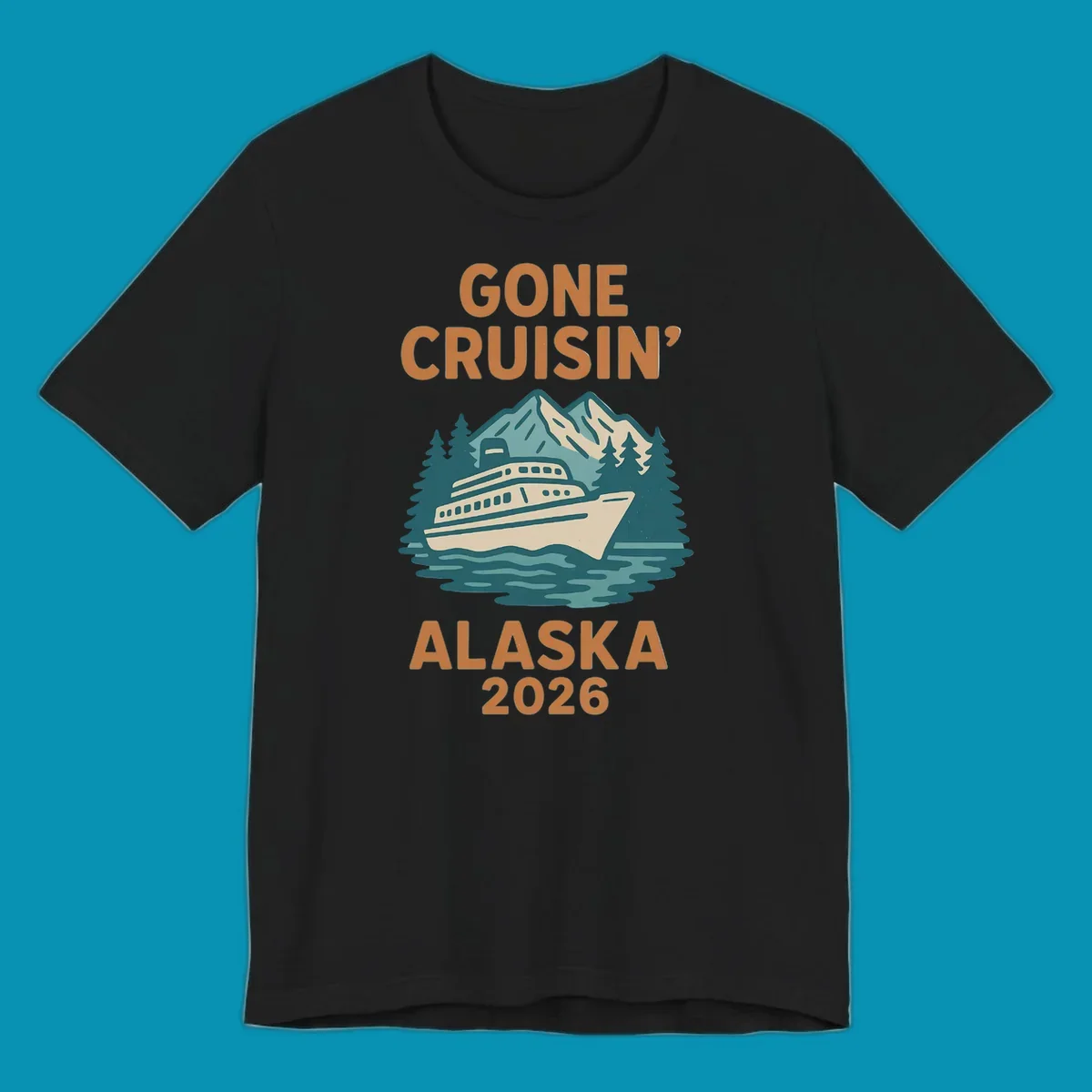 Illustration of a cruise ship against a backdrop of mountains and trees with the text gone-cruisin-mountain-ship.