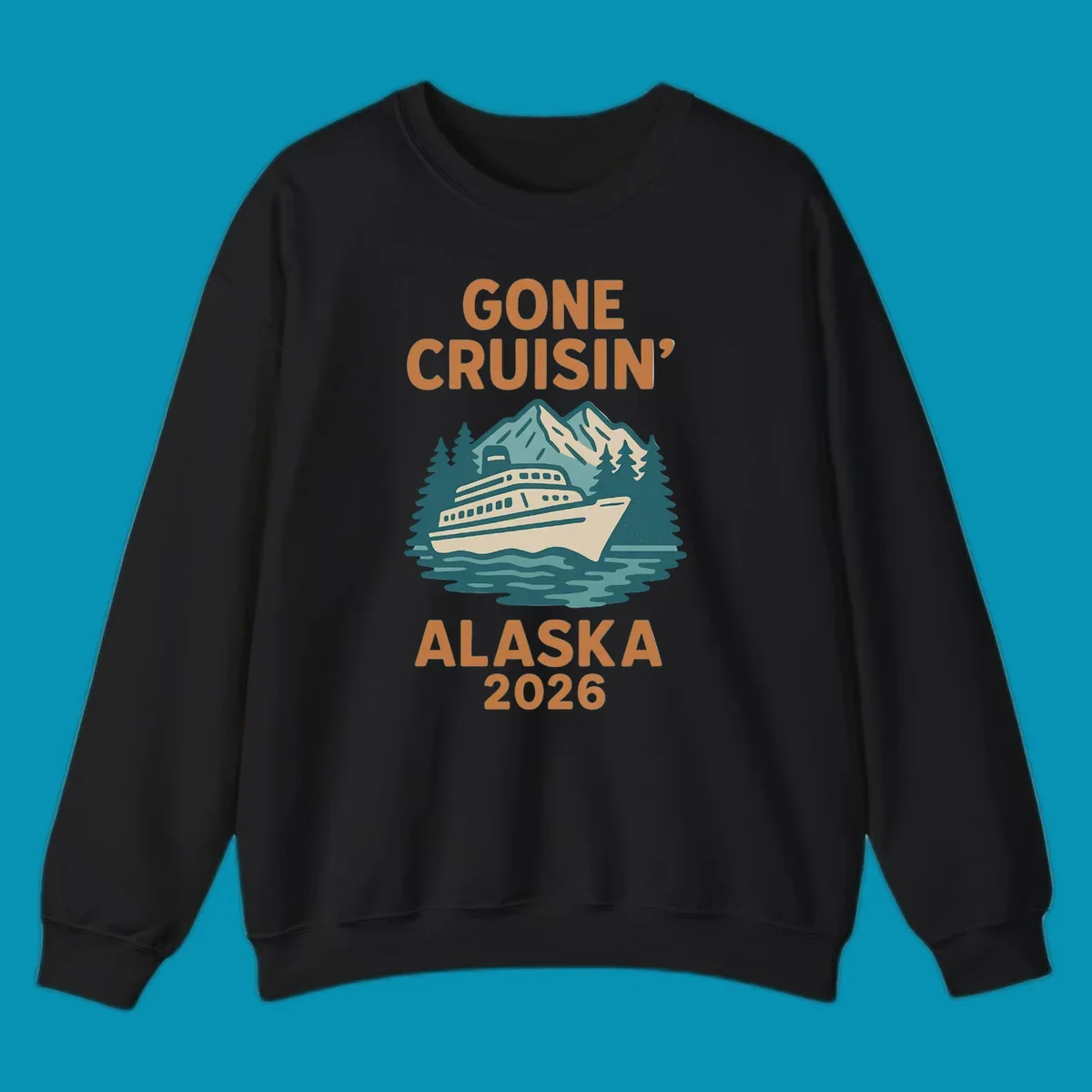 Illustration of a cruise ship against a backdrop of mountains and trees with the text gone-cruisin-mountain-ship.