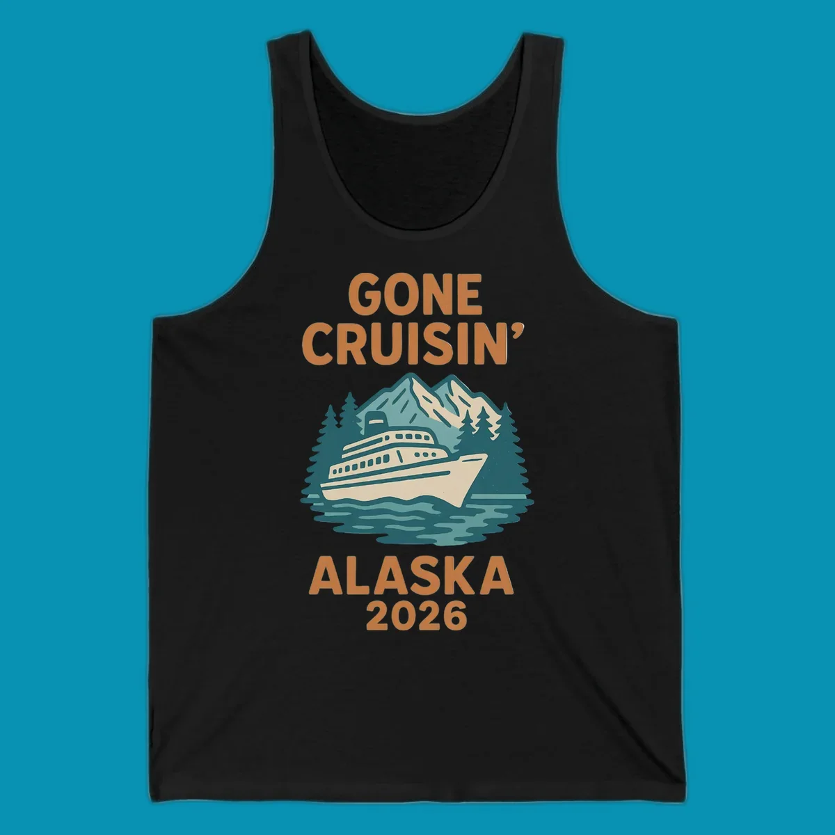 Illustration of a cruise ship against a backdrop of mountains and trees with the text gone-cruisin-mountain-ship.