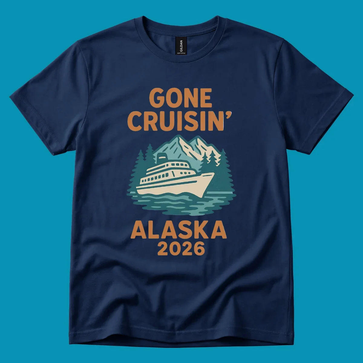 Illustration of a cruise ship against a backdrop of mountains and trees with the text gone-cruisin-mountain-ship.