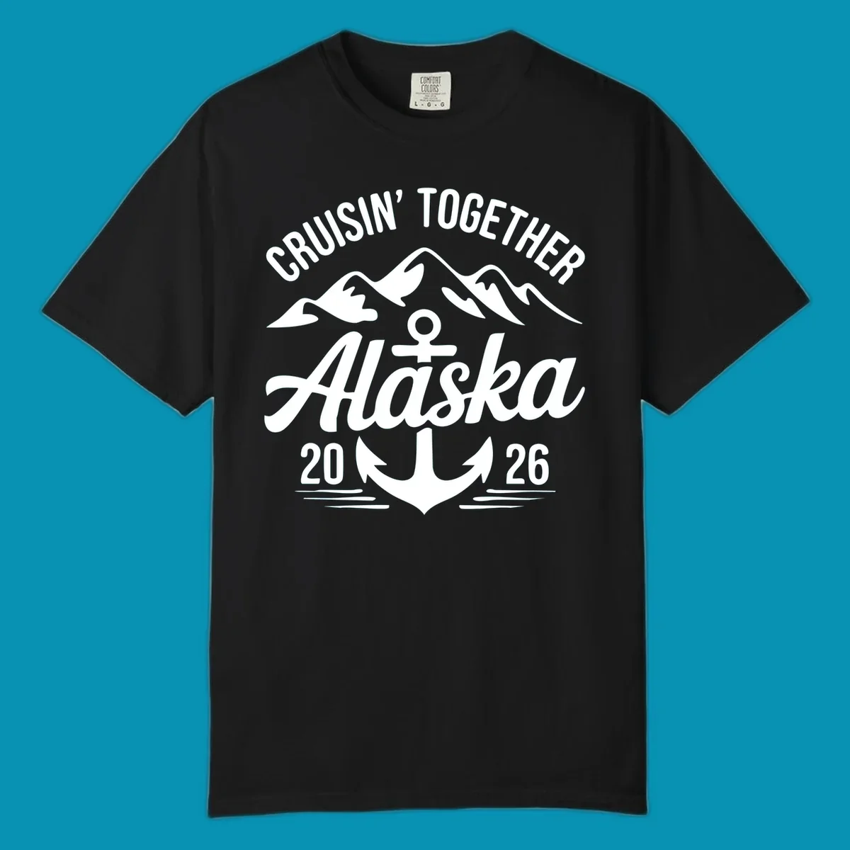 White text 'CRUISIN' TOGETHER ALASKA 2026' with an anchor and waves against a black background, perfect for a cruisin-together-alaska-2026 vacation.