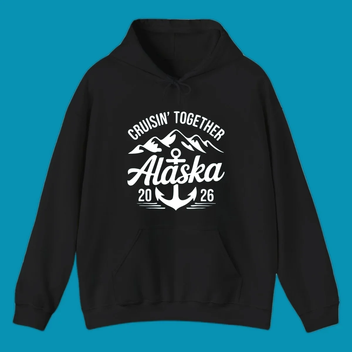 White text 'CRUISIN' TOGETHER ALASKA 2026' with an anchor and waves against a black background, perfect for a cruisin-together-alaska-2026 vacation.