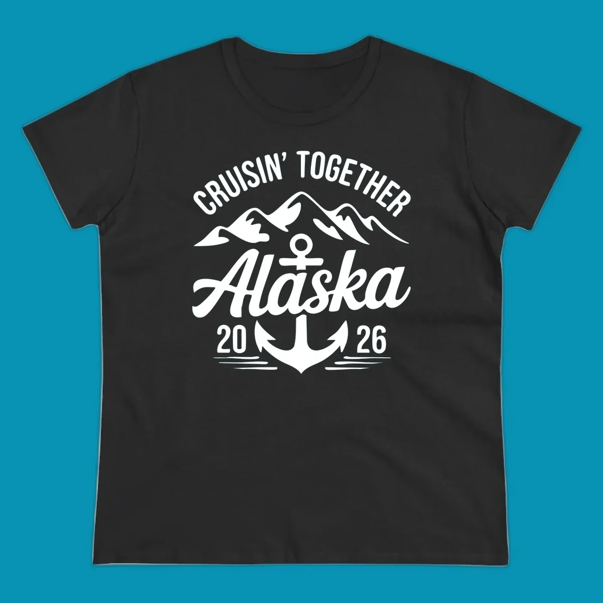 White text 'CRUISIN' TOGETHER ALASKA 2026' with an anchor and waves against a black background, perfect for a cruisin-together-alaska-2026 vacation.