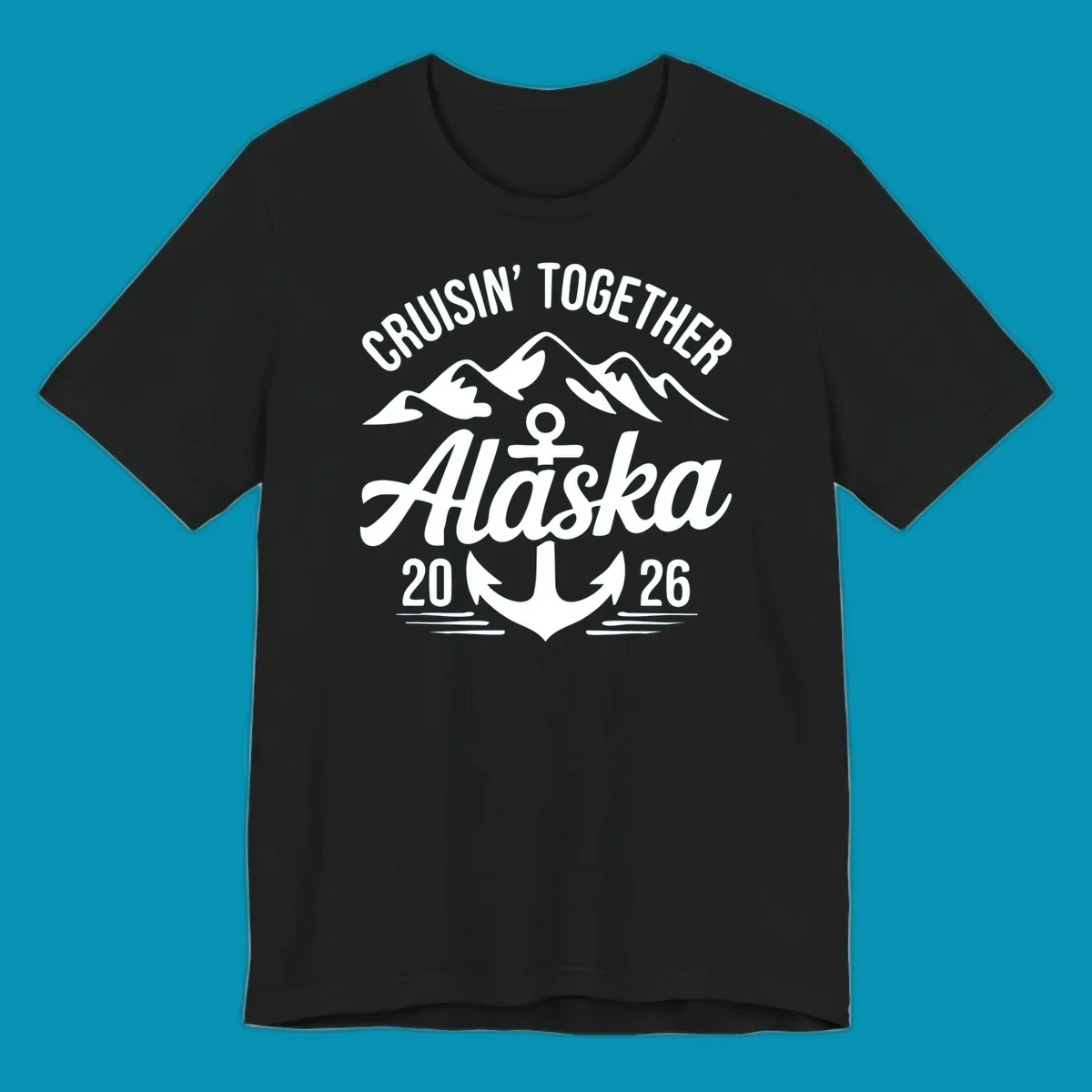 White text 'CRUISIN' TOGETHER ALASKA 2026' with an anchor and waves against a black background, perfect for a cruisin-together-alaska-2026 vacation.