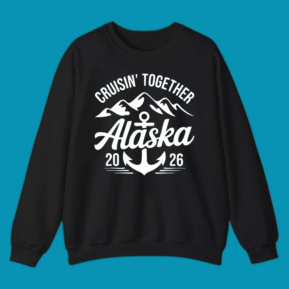 White text 'CRUISIN' TOGETHER ALASKA 2026' with an anchor and waves against a black background, perfect for a cruisin-together-alaska-2026 vacation.