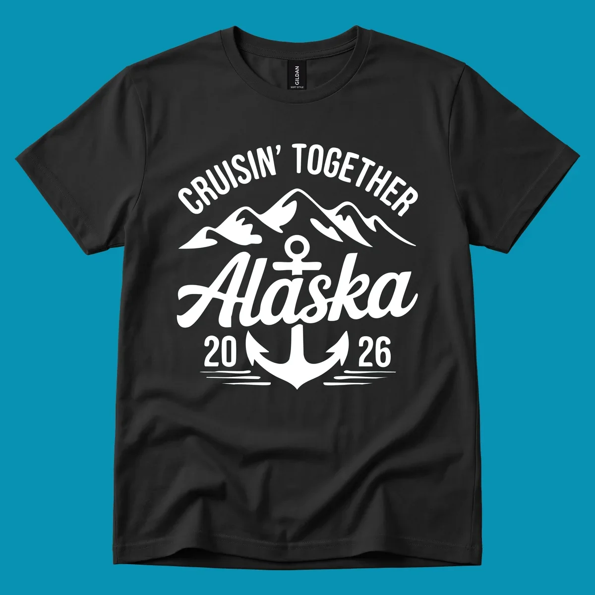 White text 'CRUISIN' TOGETHER ALASKA 2026' with an anchor and waves against a black background, perfect for a cruisin-together-alaska-2026 vacation.