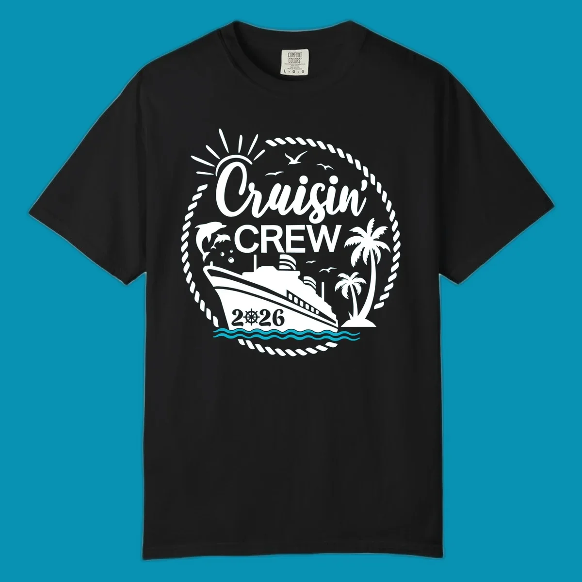 Tropical cruisin crew 2026 design with a cruise ship, palm trees, and dolphins inside a nautical rope circle.