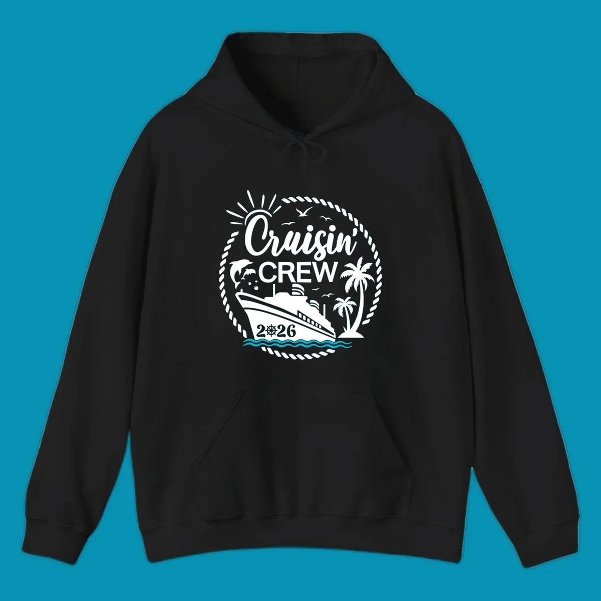 Tropical cruisin crew 2026 design with a cruise ship, palm trees, and dolphins inside a nautical rope circle.