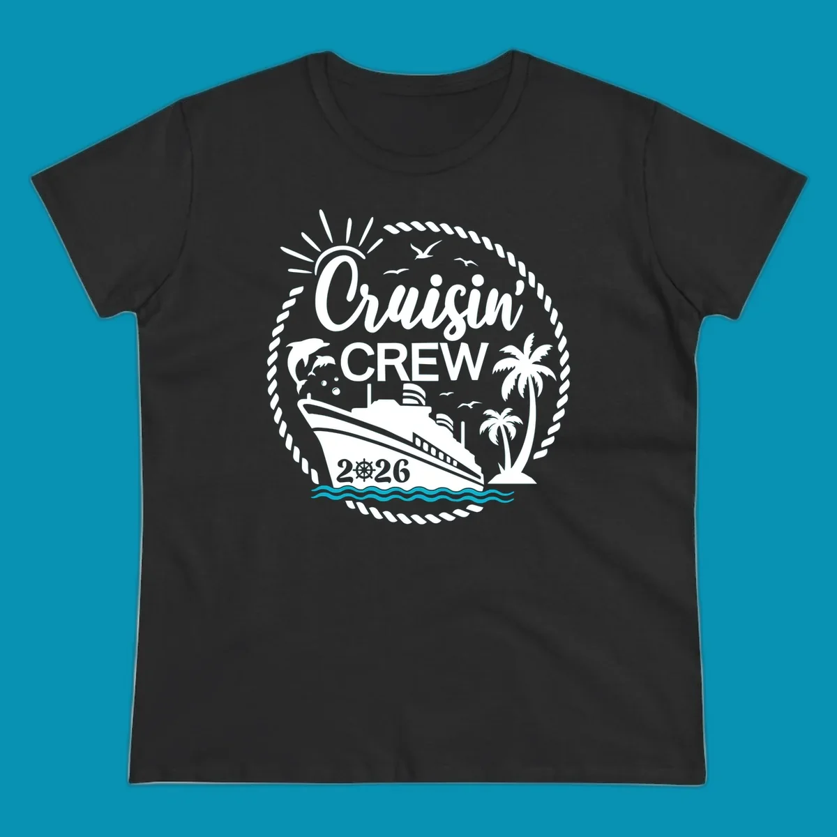 Tropical cruisin crew 2026 design with a cruise ship, palm trees, and dolphins inside a nautical rope circle.
