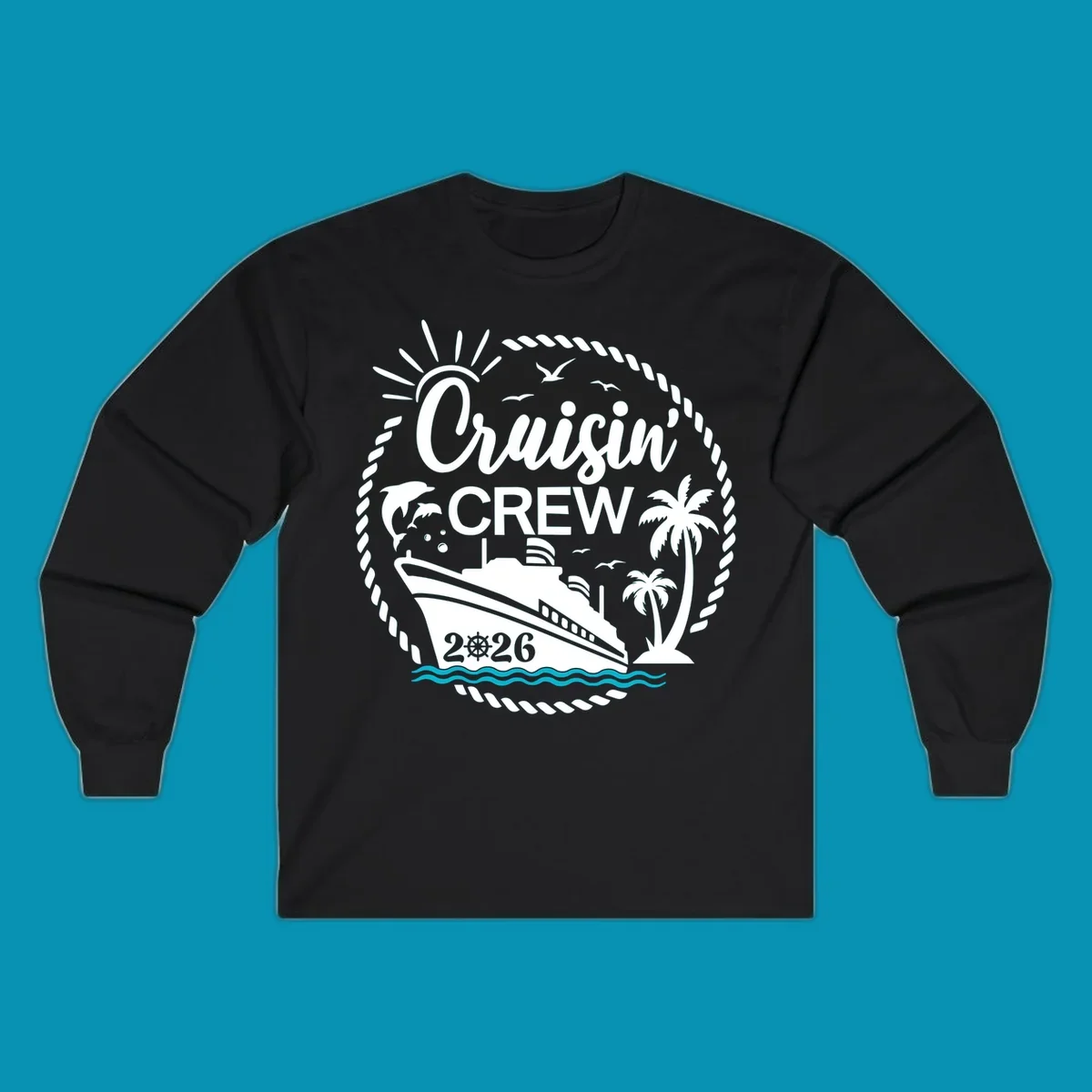 Tropical cruisin crew 2026 design with a cruise ship, palm trees, and dolphins inside a nautical rope circle.