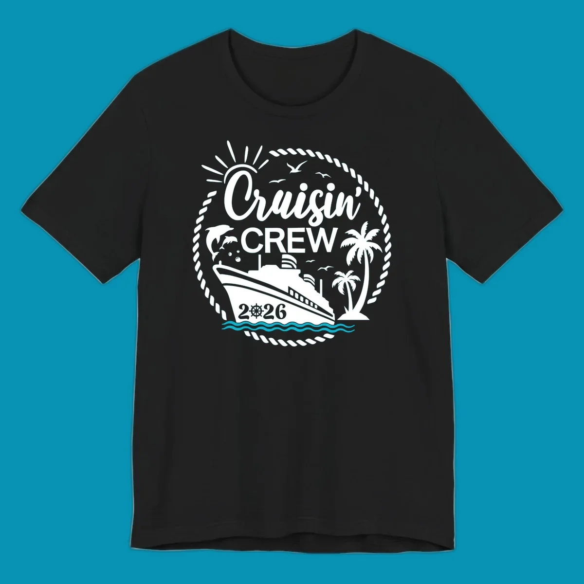 Tropical cruisin crew 2026 design with a cruise ship, palm trees, and dolphins inside a nautical rope circle.