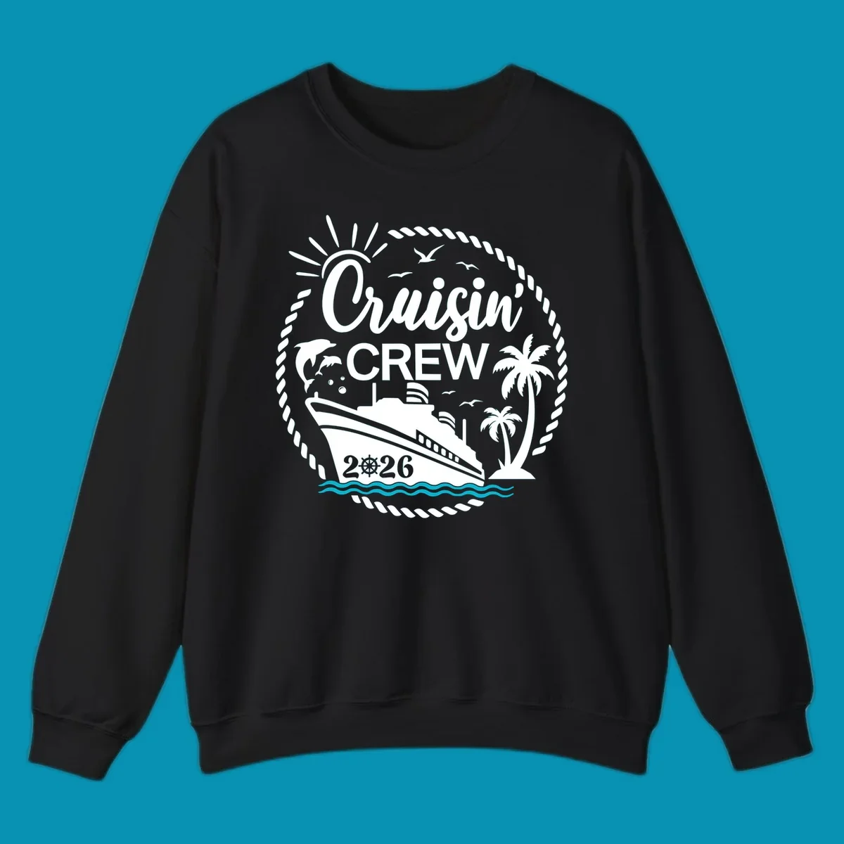 Tropical cruisin crew 2026 design with a cruise ship, palm trees, and dolphins inside a nautical rope circle.