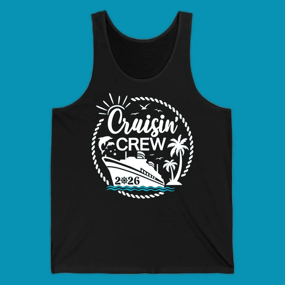 Tropical cruisin crew 2026 design with a cruise ship, palm trees, and dolphins inside a nautical rope circle.