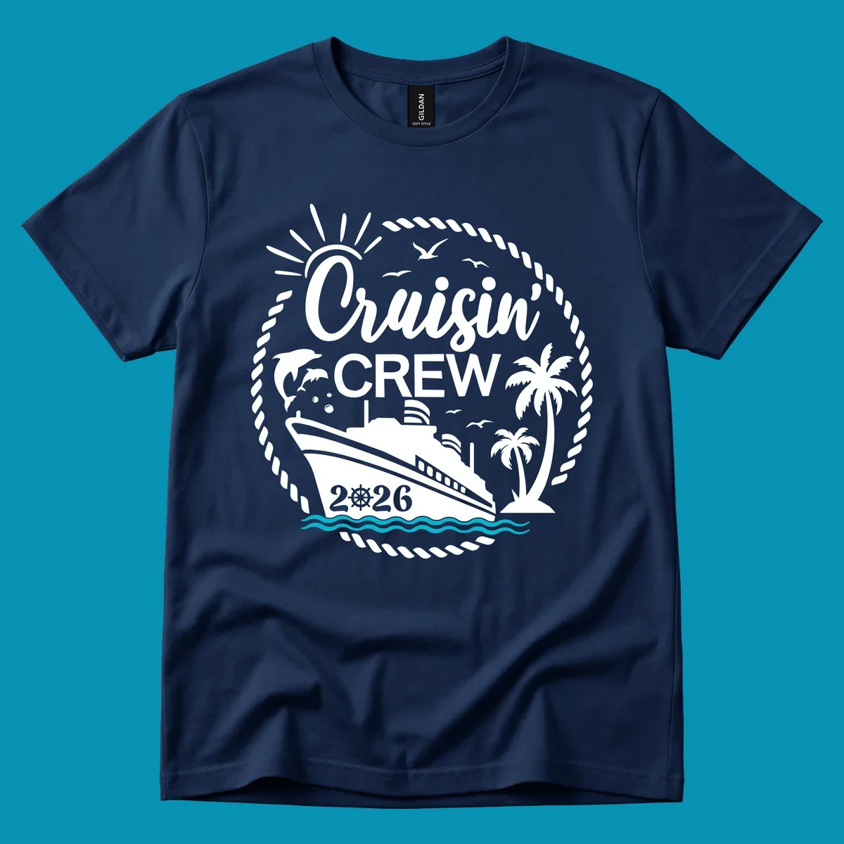 Tropical cruisin crew 2026 design with a cruise ship, palm trees, and dolphins inside a nautical rope circle.