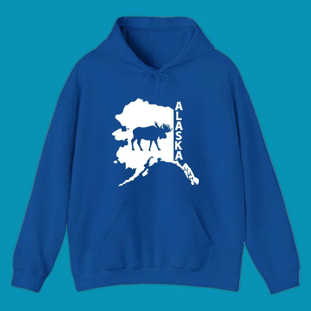 Bold white Alaska state map silhouette featuring a black moose and vertical ALASKA text.