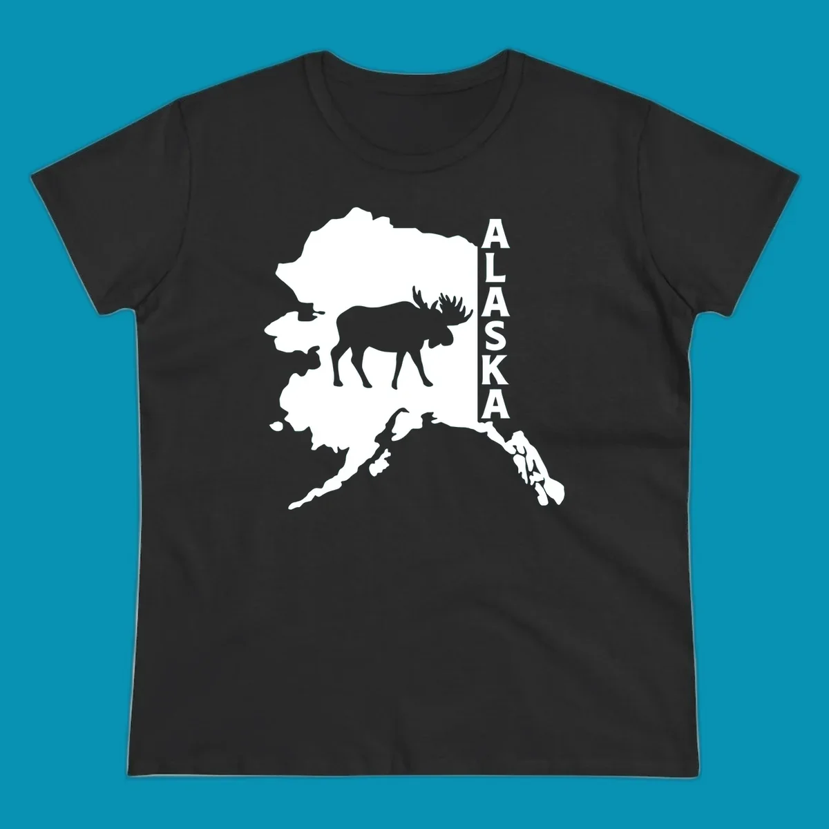 Bold white Alaska state map silhouette featuring a black moose and vertical ALASKA text.