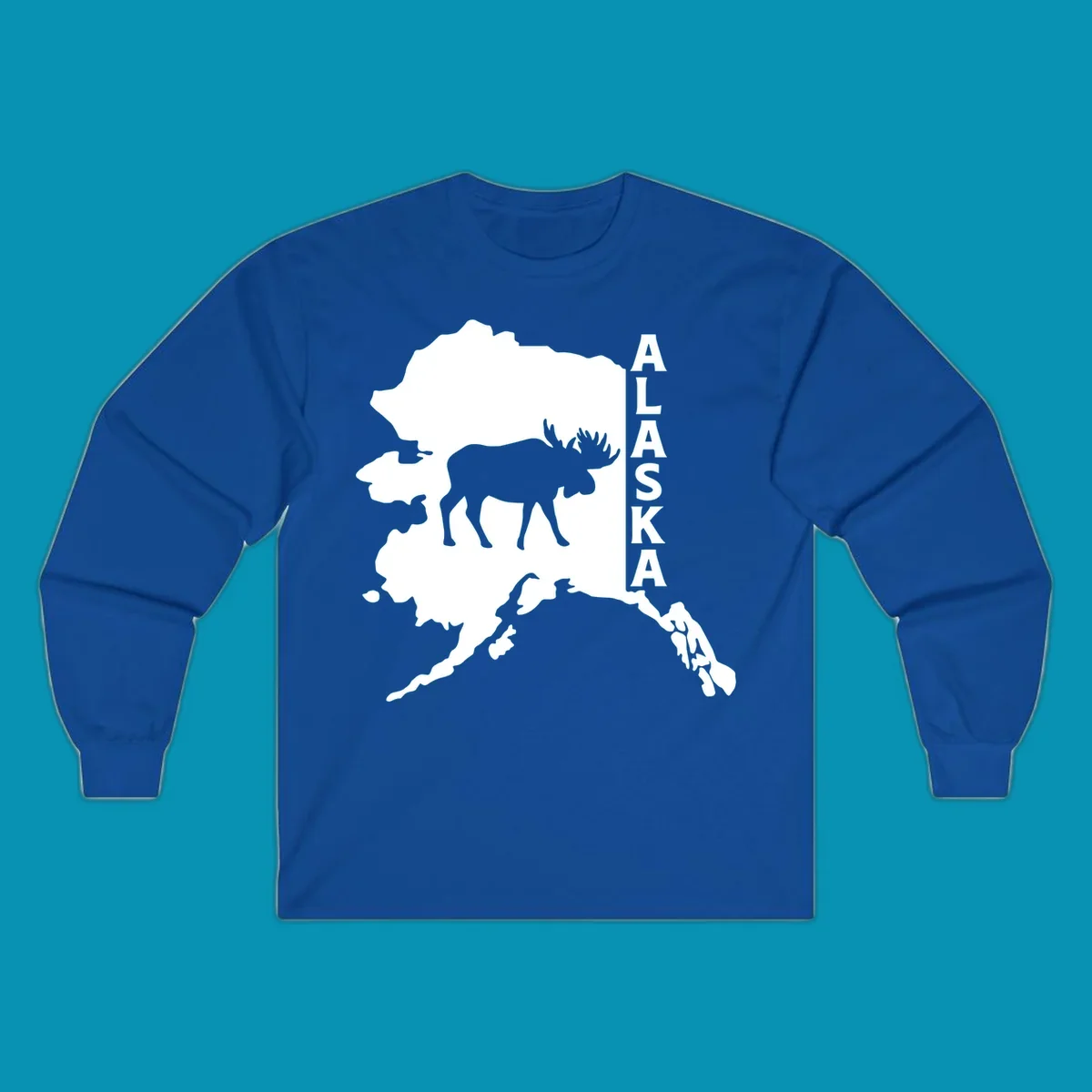 Bold white Alaska state map silhouette featuring a black moose and vertical ALASKA text.