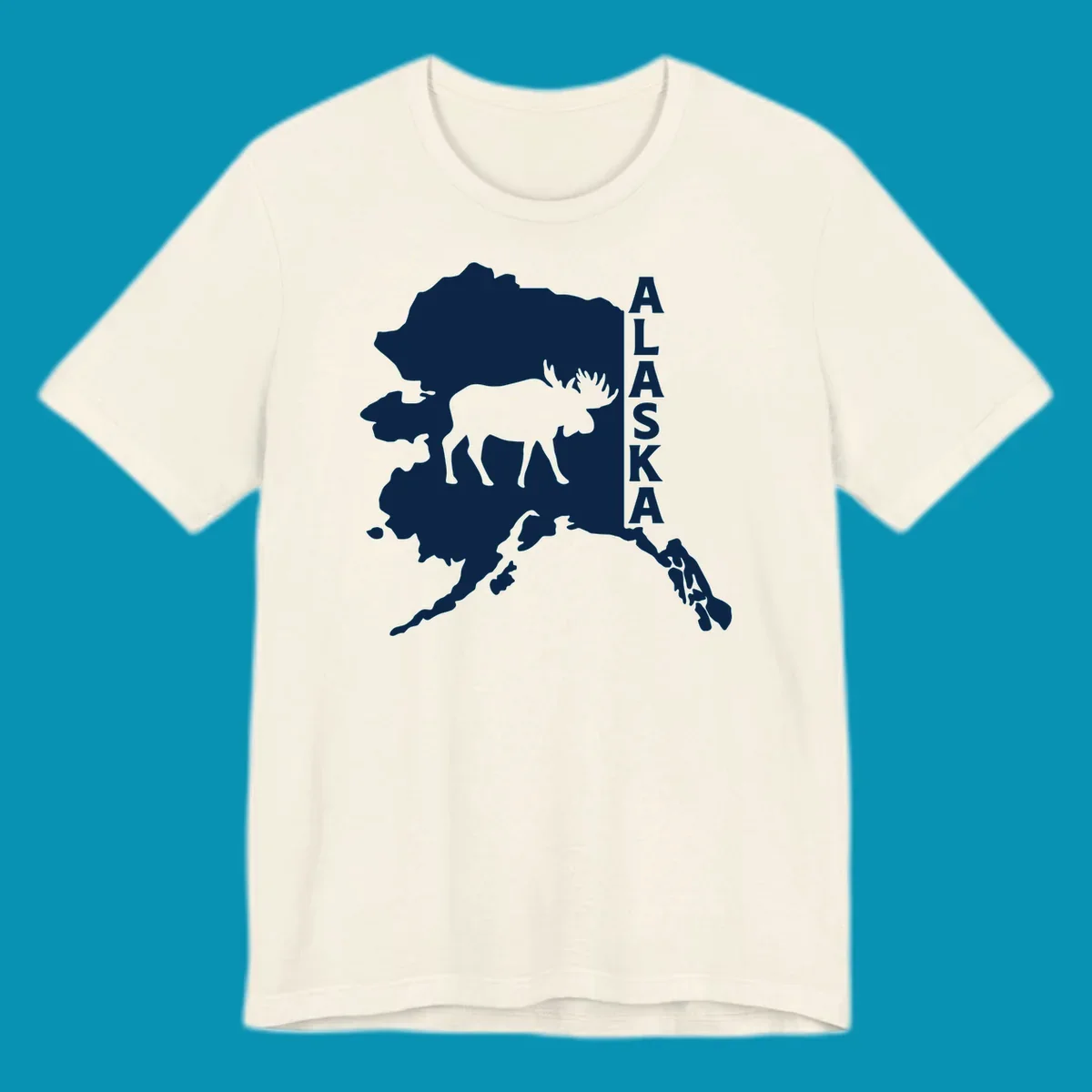 Bold white Alaska state map silhouette featuring a black moose and vertical ALASKA text.