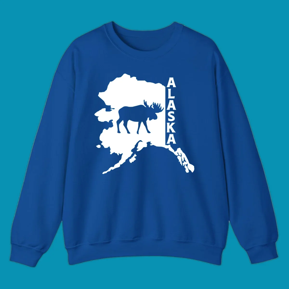 Bold white Alaska state map silhouette featuring a black moose and vertical ALASKA text.