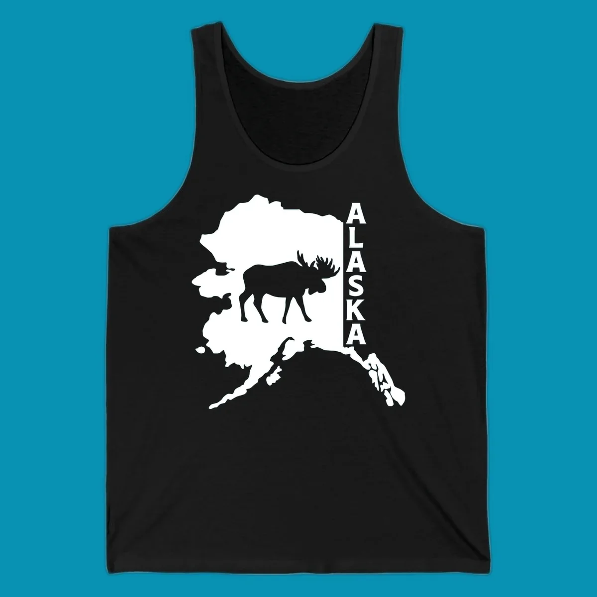 Bold white Alaska state map silhouette featuring a black moose and vertical ALASKA text.