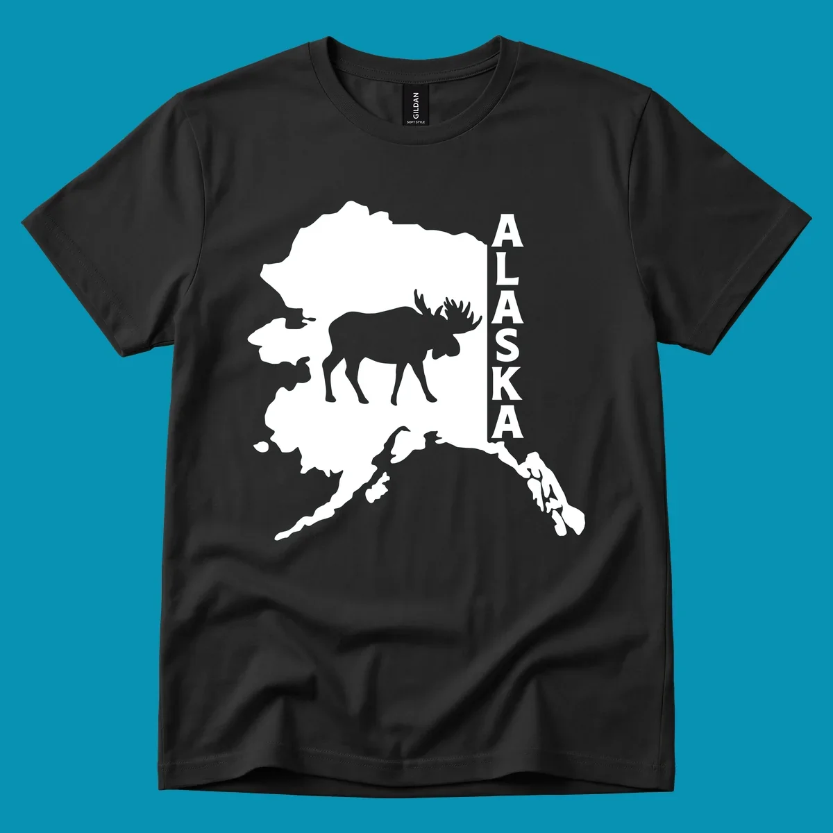 Bold white Alaska state map silhouette featuring a black moose and vertical ALASKA text.