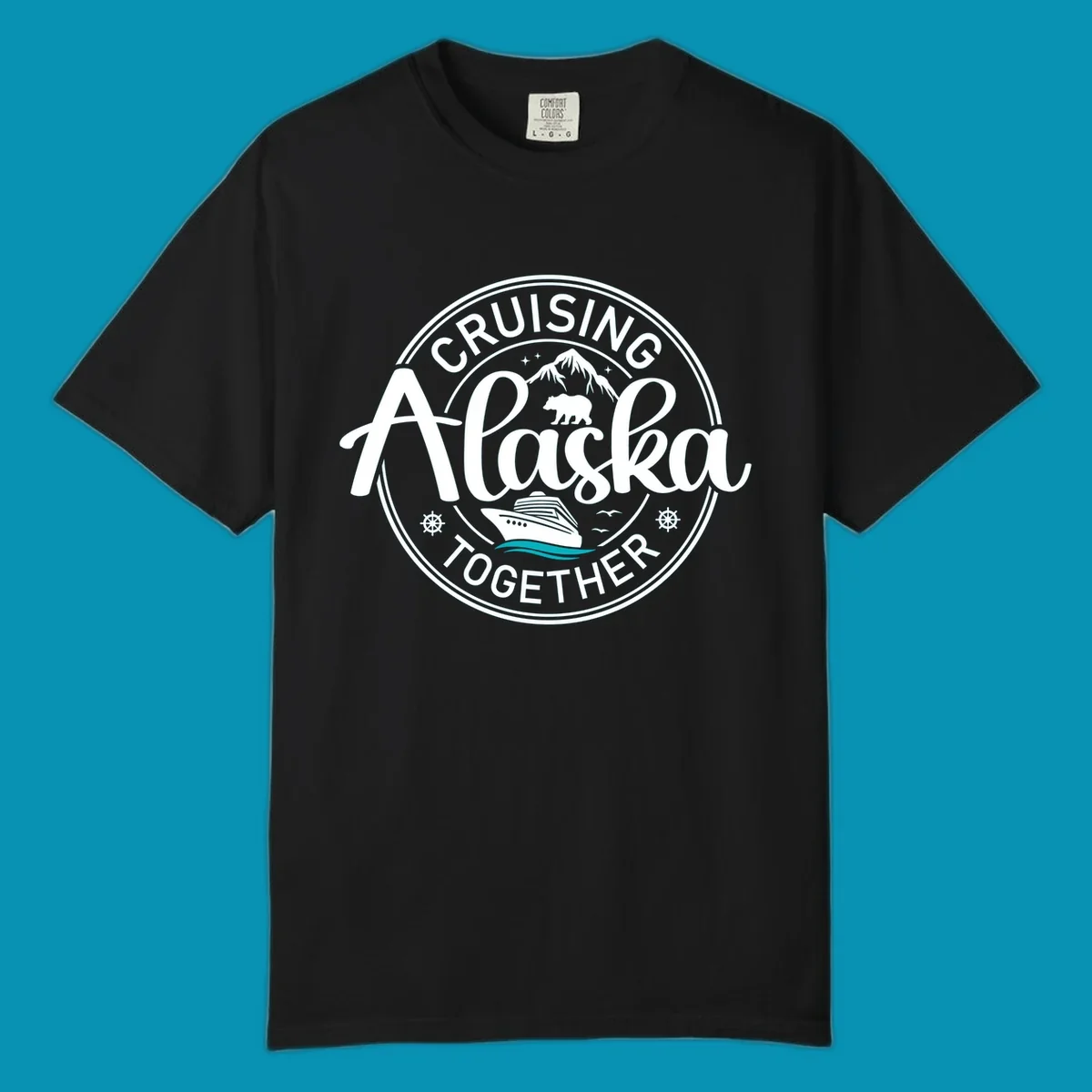A circular badge design for an Alaska cruise, featuring text 'CRUISIN' ALASKA TOGETHER', mountains, a bear, and a cruise ship with teal waves, all in a badge style.