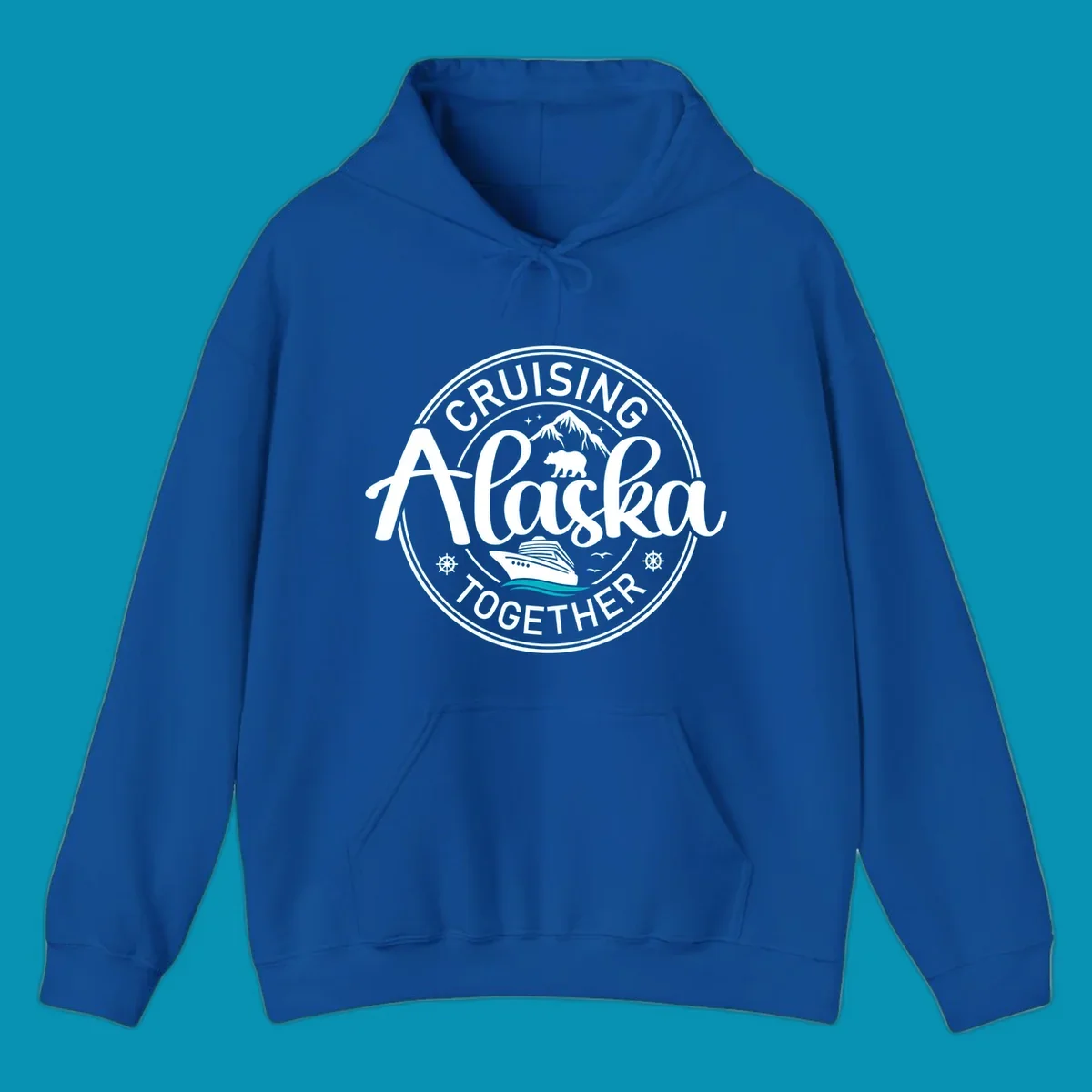 A circular badge design for an Alaska cruise, featuring text 'CRUISIN' ALASKA TOGETHER', mountains, a bear, and a cruise ship with teal waves, all in a badge style.