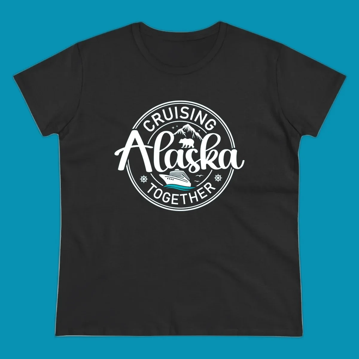 A circular badge design for an Alaska cruise, featuring text 'CRUISIN' ALASKA TOGETHER', mountains, a bear, and a cruise ship with teal waves, all in a badge style.