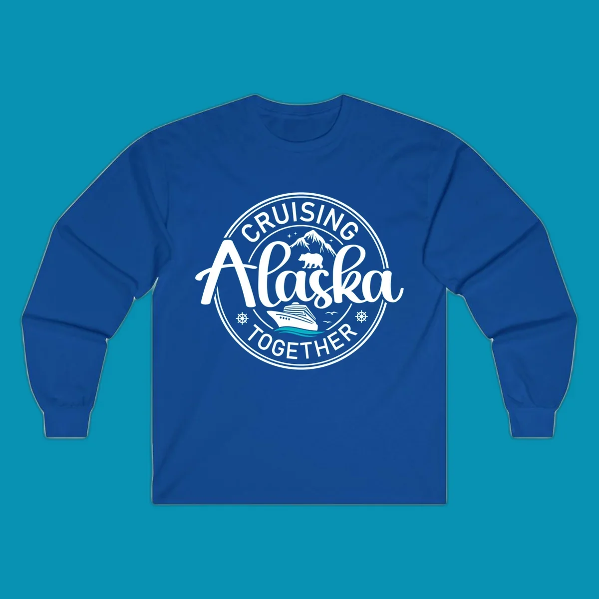 A circular badge design for an Alaska cruise, featuring text 'CRUISIN' ALASKA TOGETHER', mountains, a bear, and a cruise ship with teal waves, all in a badge style.