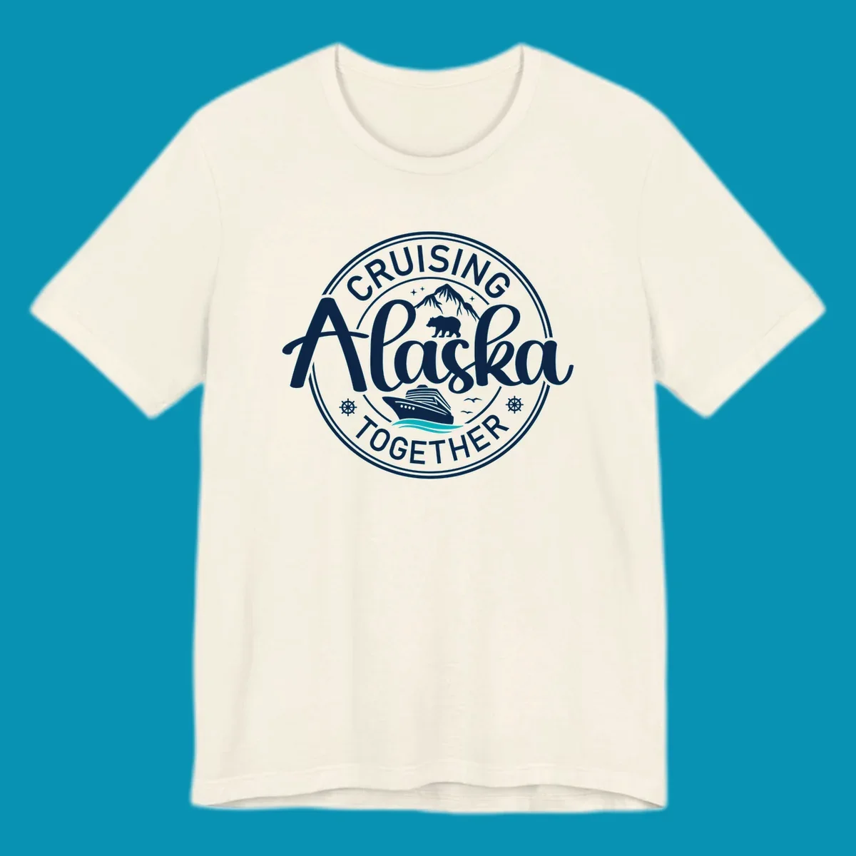 A circular badge design for an Alaska cruise, featuring text 'CRUISIN' ALASKA TOGETHER', mountains, a bear, and a cruise ship with teal waves, all in a badge style.