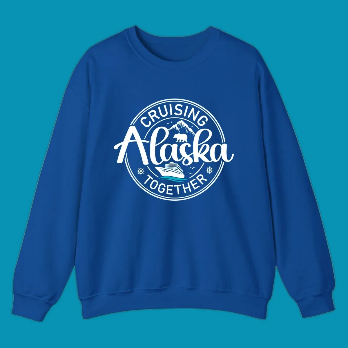 A circular badge design for an Alaska cruise, featuring text 'CRUISIN' ALASKA TOGETHER', mountains, a bear, and a cruise ship with teal waves, all in a badge style.