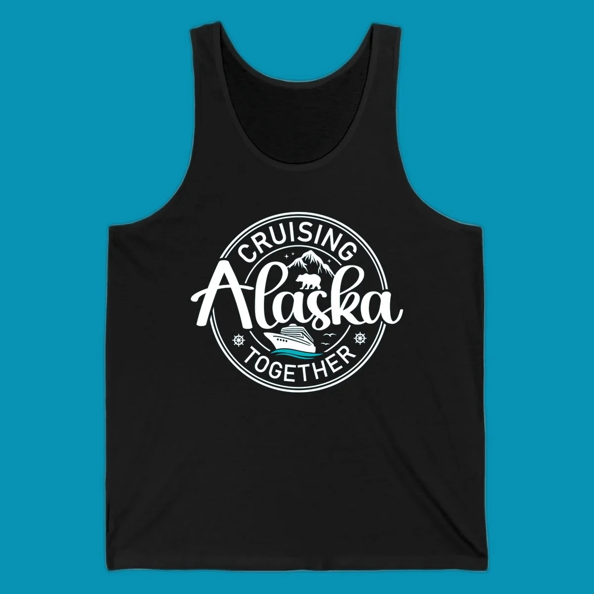A circular badge design for an Alaska cruise, featuring text 'CRUISIN' ALASKA TOGETHER', mountains, a bear, and a cruise ship with teal waves, all in a badge style.