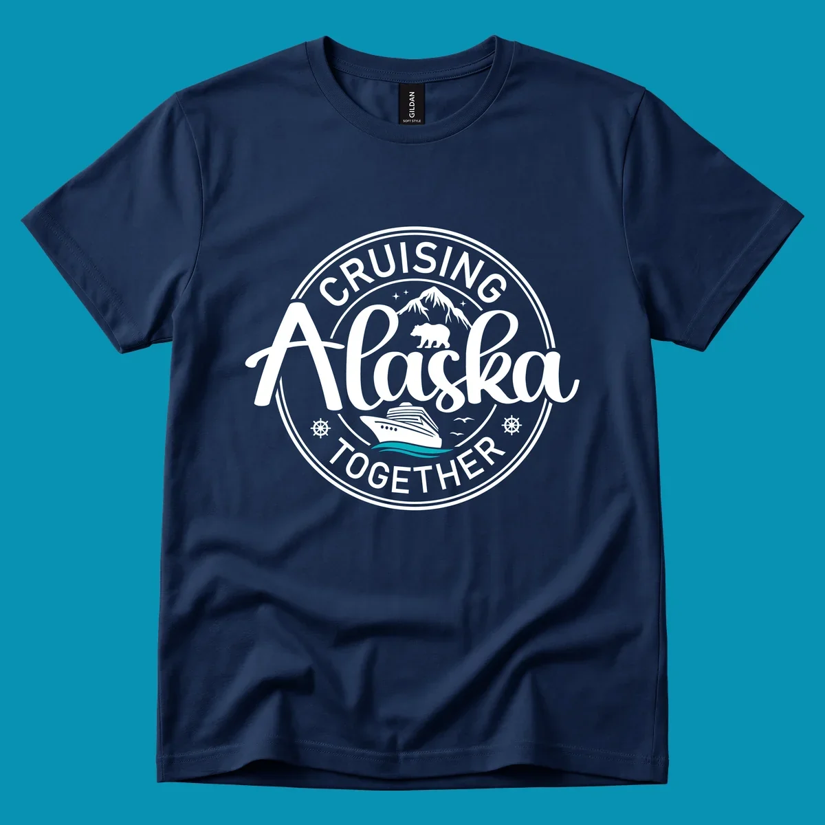 A circular badge design for an Alaska cruise, featuring text 'CRUISIN' ALASKA TOGETHER', mountains, a bear, and a cruise ship with teal waves, all in a badge style.