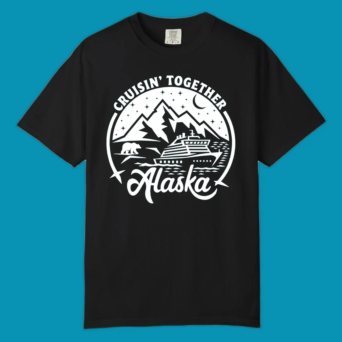 A black and white scenic badge design for an Alaska cruise, featuring text 'CRUISIN' TOGETHER ALASKA 2024', mountains, a bear, and a cruise ship. (cruisin-together-alaska-bear-ship)