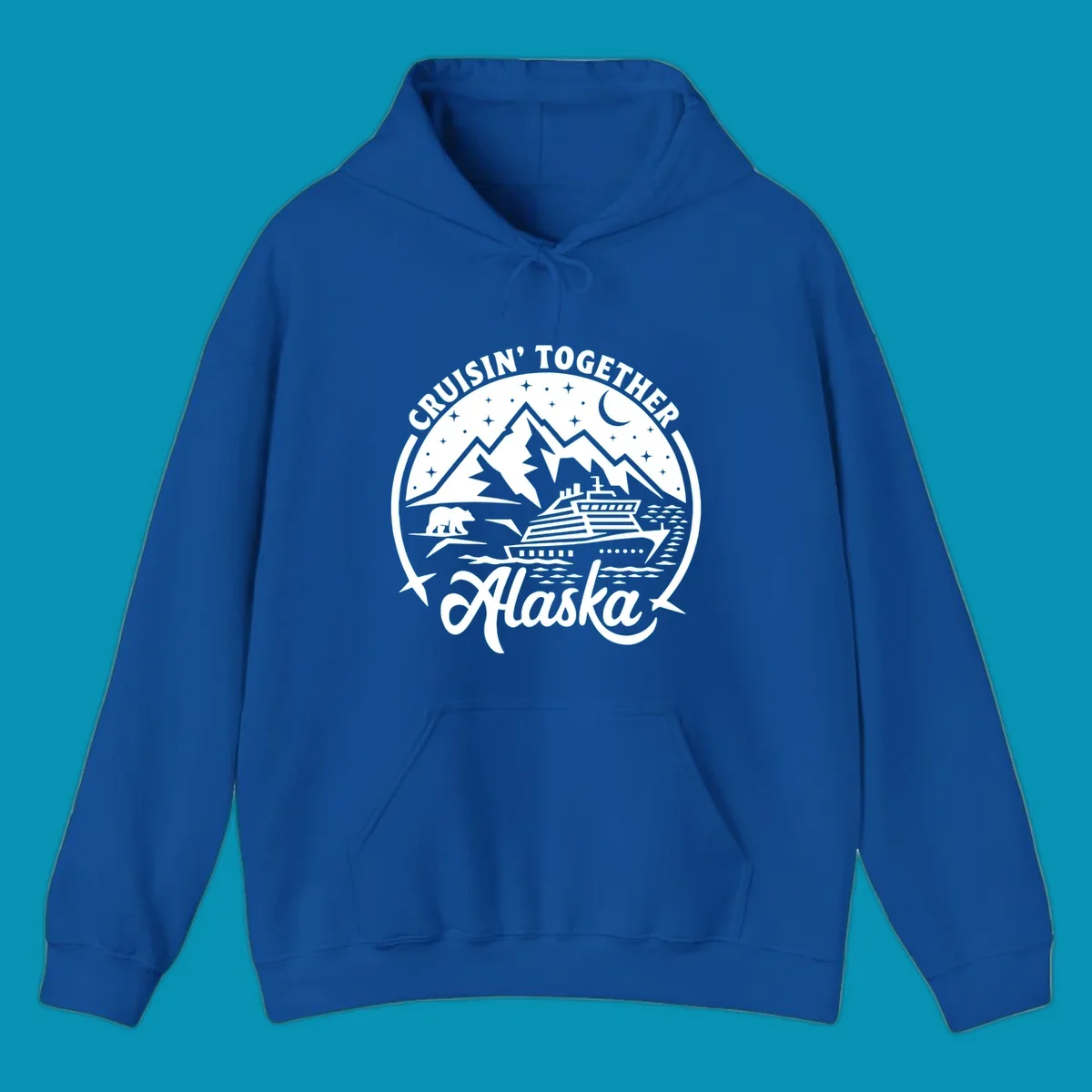 A black and white scenic badge design for an Alaska cruise, featuring text 'CRUISIN' TOGETHER ALASKA 2024', mountains, a bear, and a cruise ship. (cruisin-together-alaska-bear-ship)