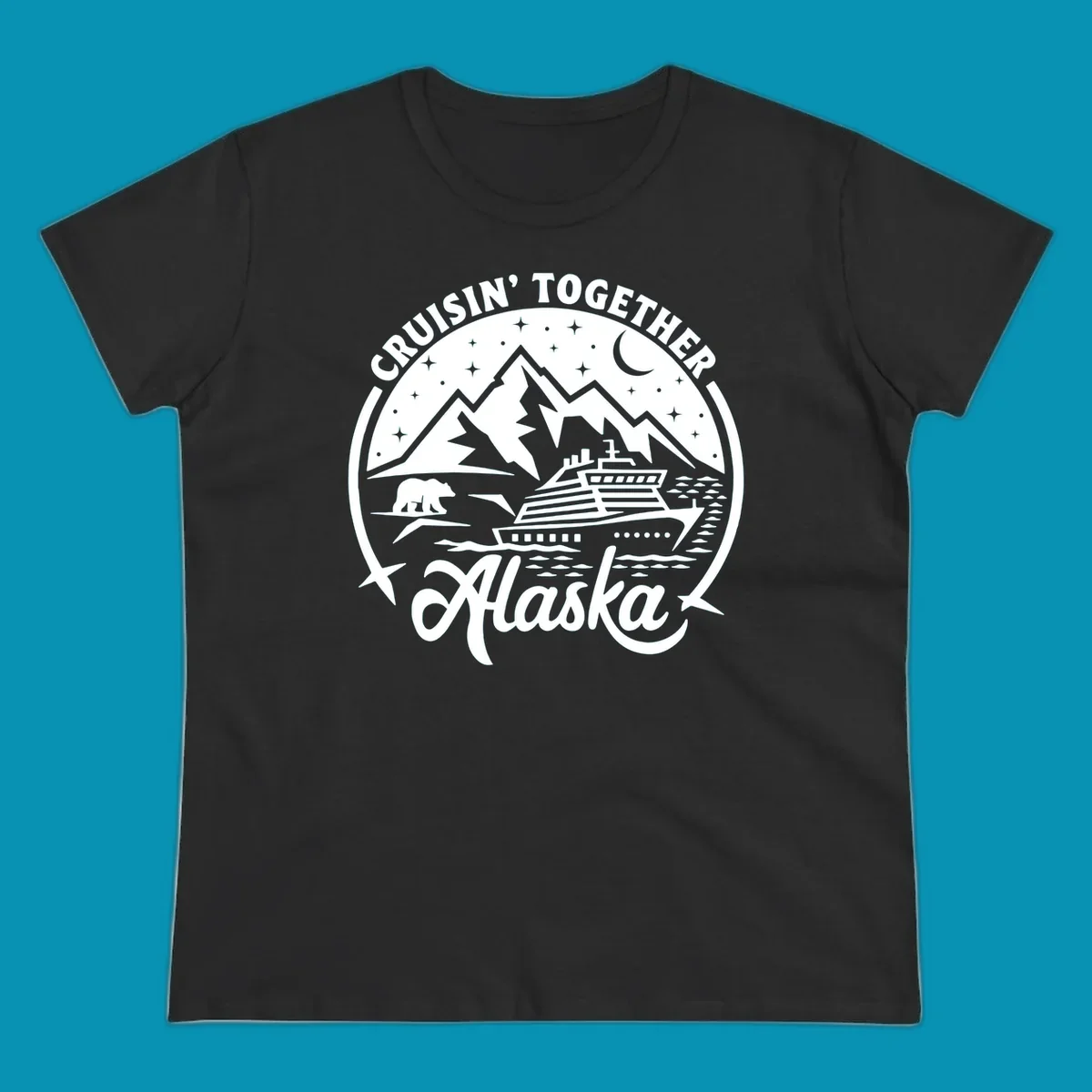 A black and white scenic badge design for an Alaska cruise, featuring text 'CRUISIN' TOGETHER ALASKA 2024', mountains, a bear, and a cruise ship. (cruisin-together-alaska-bear-ship)