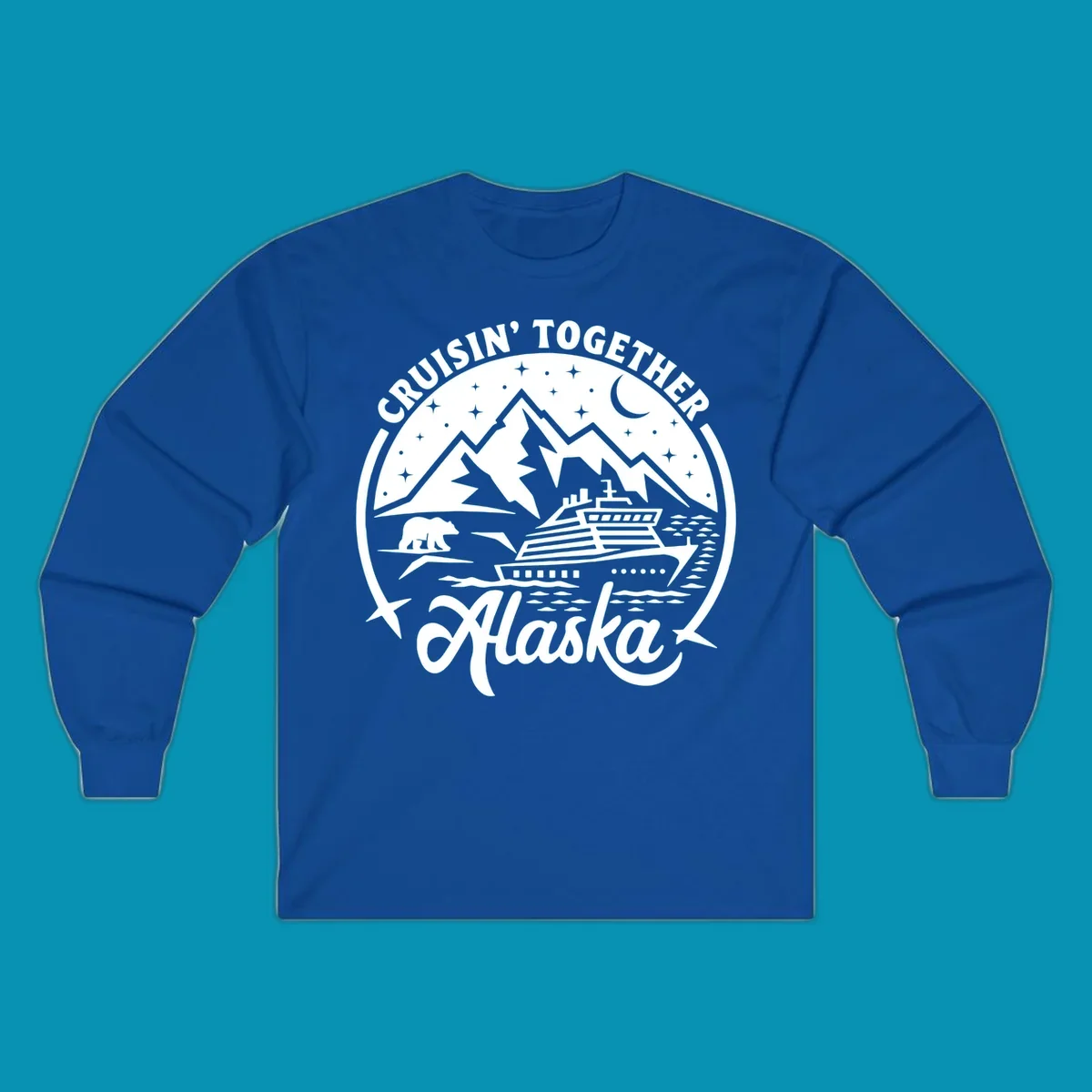 A black and white scenic badge design for an Alaska cruise, featuring text 'CRUISIN' TOGETHER ALASKA 2024', mountains, a bear, and a cruise ship. (cruisin-together-alaska-bear-ship)