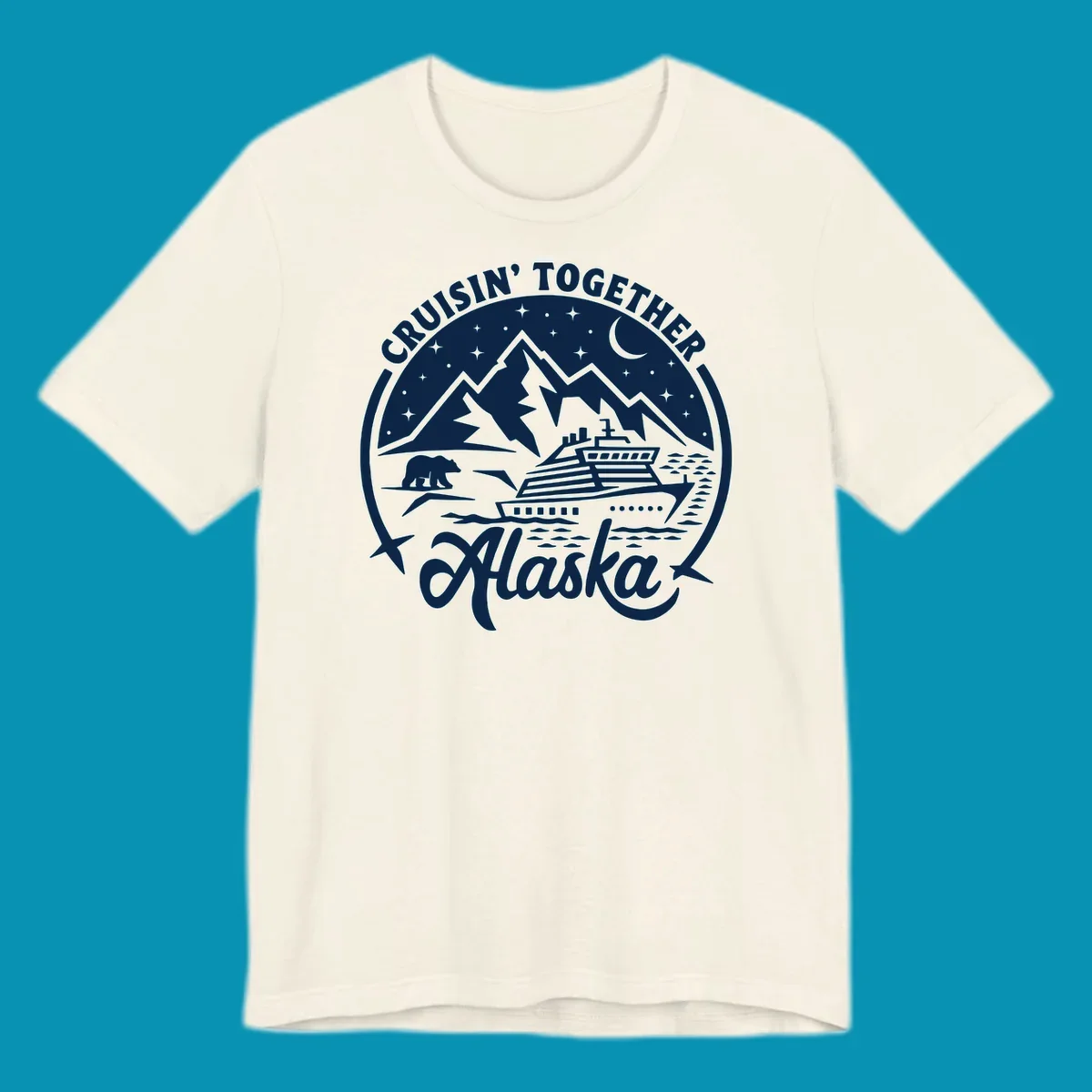 A black and white scenic badge design for an Alaska cruise, featuring text 'CRUISIN' TOGETHER ALASKA 2024', mountains, a bear, and a cruise ship. (cruisin-together-alaska-bear-ship)