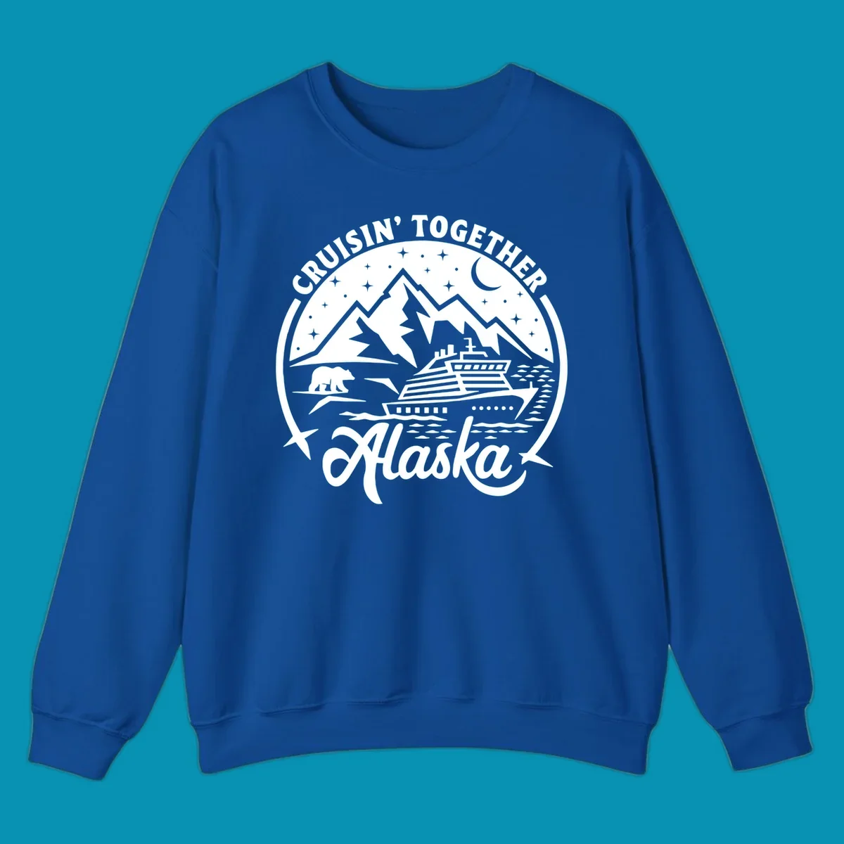 A black and white scenic badge design for an Alaska cruise, featuring text 'CRUISIN' TOGETHER ALASKA 2024', mountains, a bear, and a cruise ship. (cruisin-together-alaska-bear-ship)