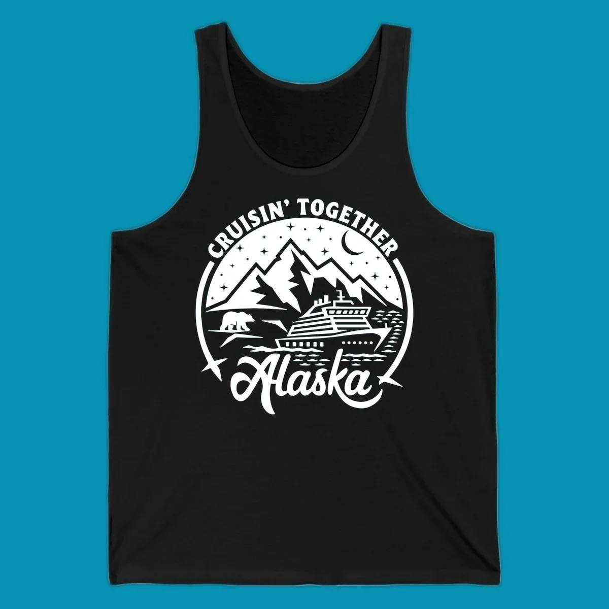 A black and white scenic badge design for an Alaska cruise, featuring text 'CRUISIN' TOGETHER ALASKA 2024', mountains, a bear, and a cruise ship. (cruisin-together-alaska-bear-ship)