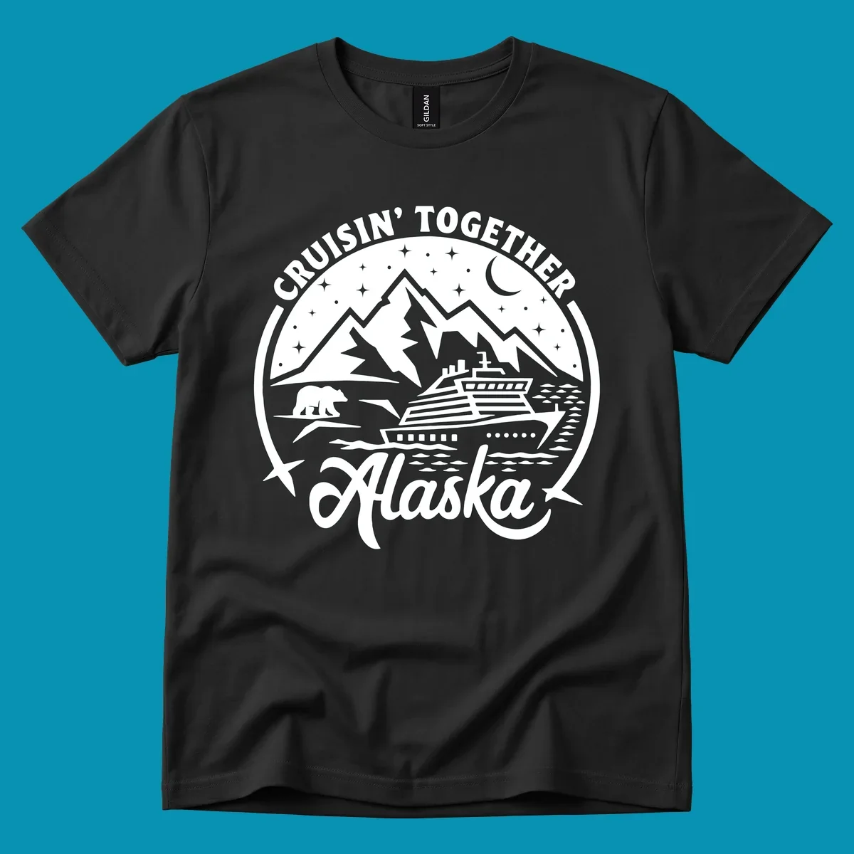 A black and white scenic badge design for an Alaska cruise, featuring text 'CRUISIN' TOGETHER ALASKA 2024', mountains, a bear, and a cruise ship. (cruisin-together-alaska-bear-ship)