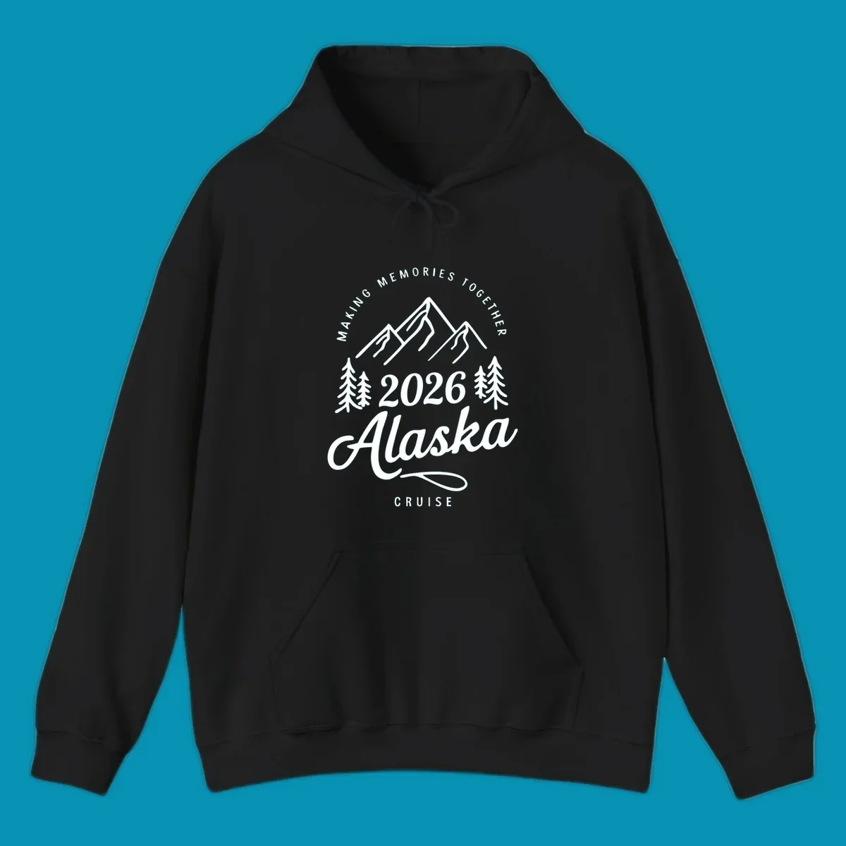 White line art of mountains and pine trees with "MAKING MEMORIES TOGETHER Alaska CRUISE 2026" text, ideal for a making-memories-together-alaska-2026 group cruise.