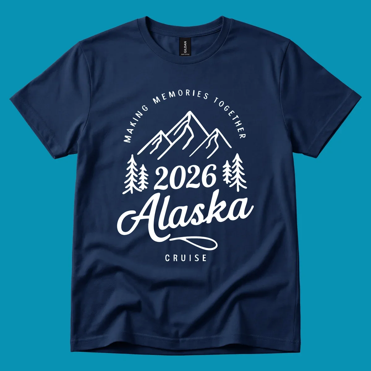 White line art of mountains and pine trees with "MAKING MEMORIES TOGETHER Alaska CRUISE 2026" text, ideal for a making-memories-together-alaska-2026 group cruise.