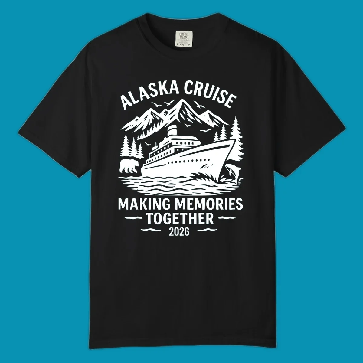 Illustration for an alaska-cruise-memories-together-2026 design featuring a cruise ship, mountains, trees, bear, dolphin, and birds.