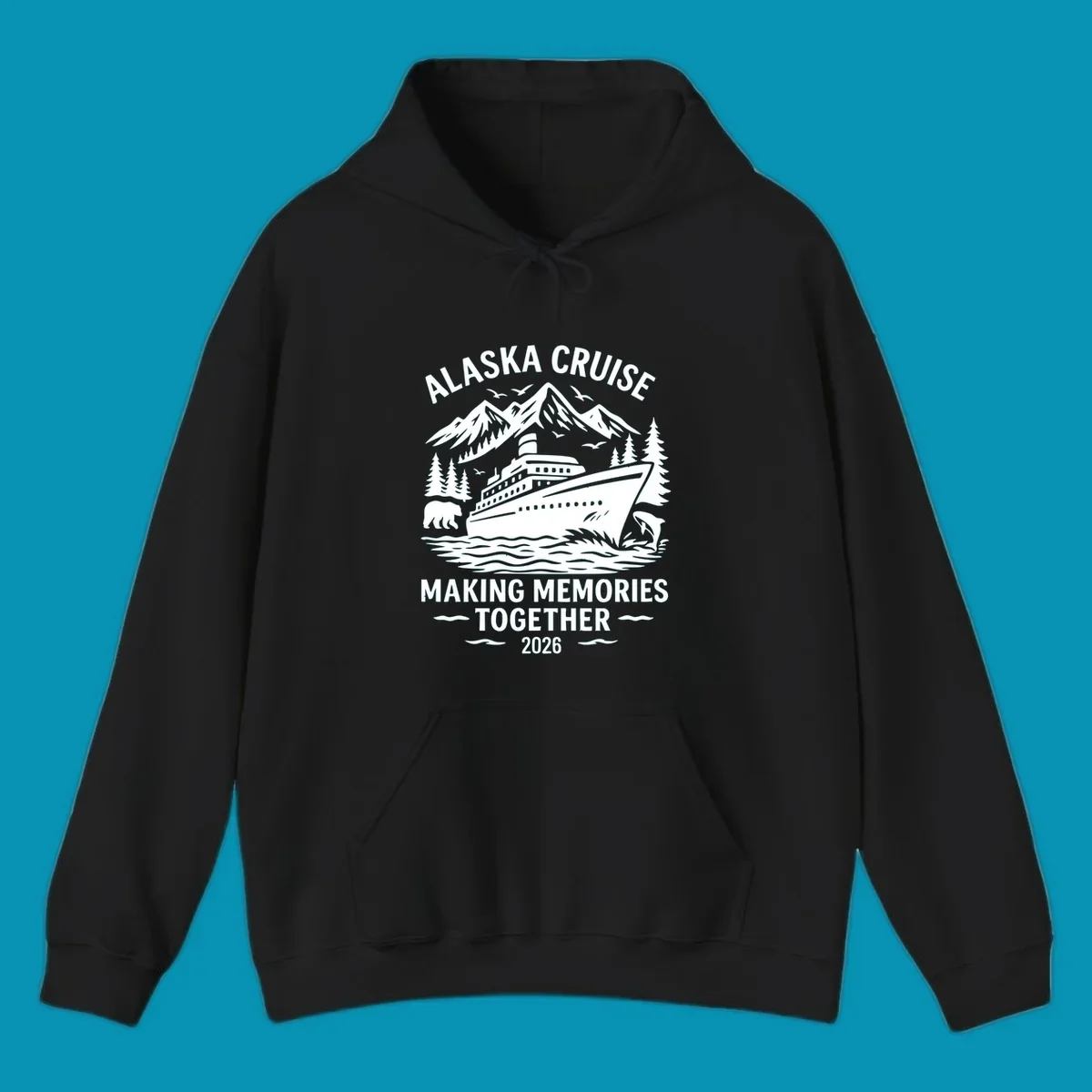 Illustration for an alaska-cruise-memories-together-2026 design featuring a cruise ship, mountains, trees, bear, dolphin, and birds.