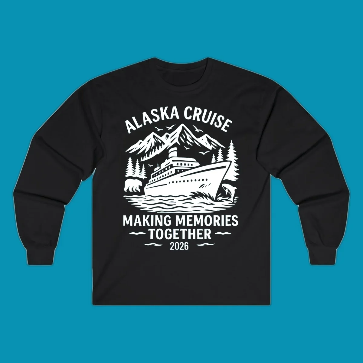 Illustration for an alaska-cruise-memories-together-2026 design featuring a cruise ship, mountains, trees, bear, dolphin, and birds.