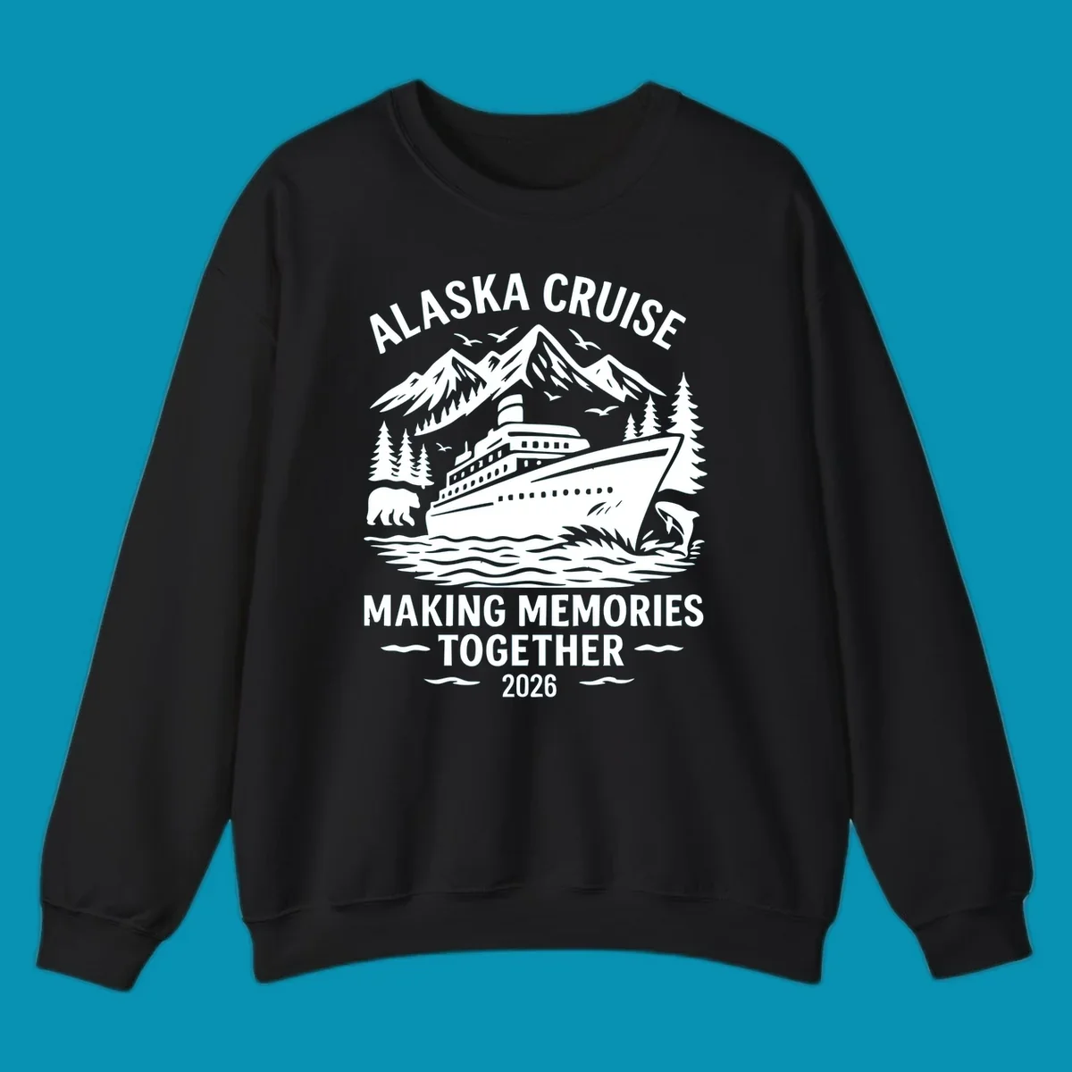 Illustration for an alaska-cruise-memories-together-2026 design featuring a cruise ship, mountains, trees, bear, dolphin, and birds.