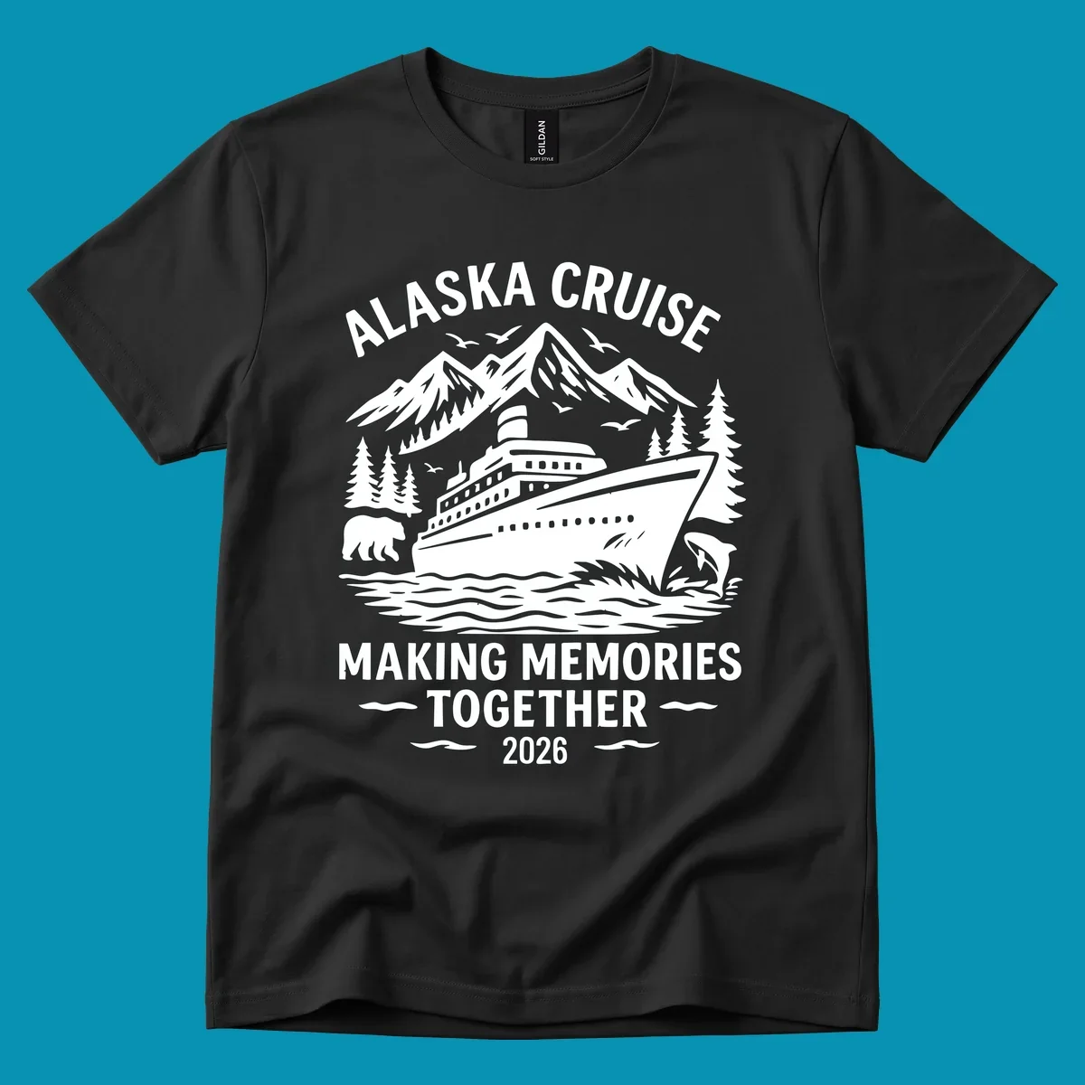 Illustration for an alaska-cruise-memories-together-2026 design featuring a cruise ship, mountains, trees, bear, dolphin, and birds.