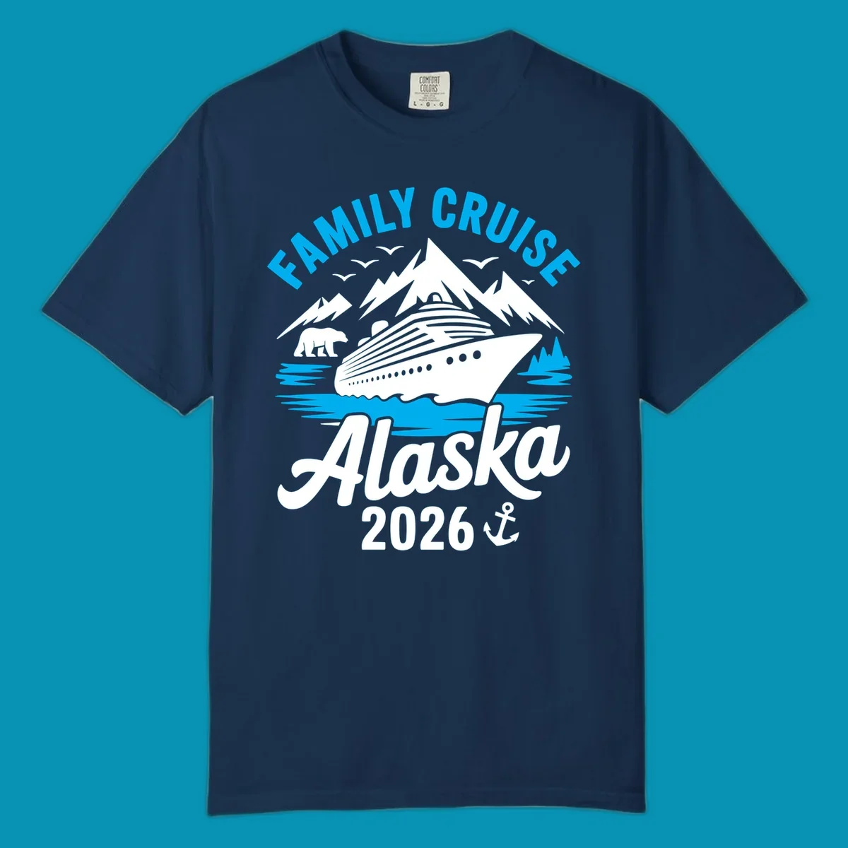 Family cruise Alaska scenic design with blue mountains, evergreen trees, and ocean waves framing the text